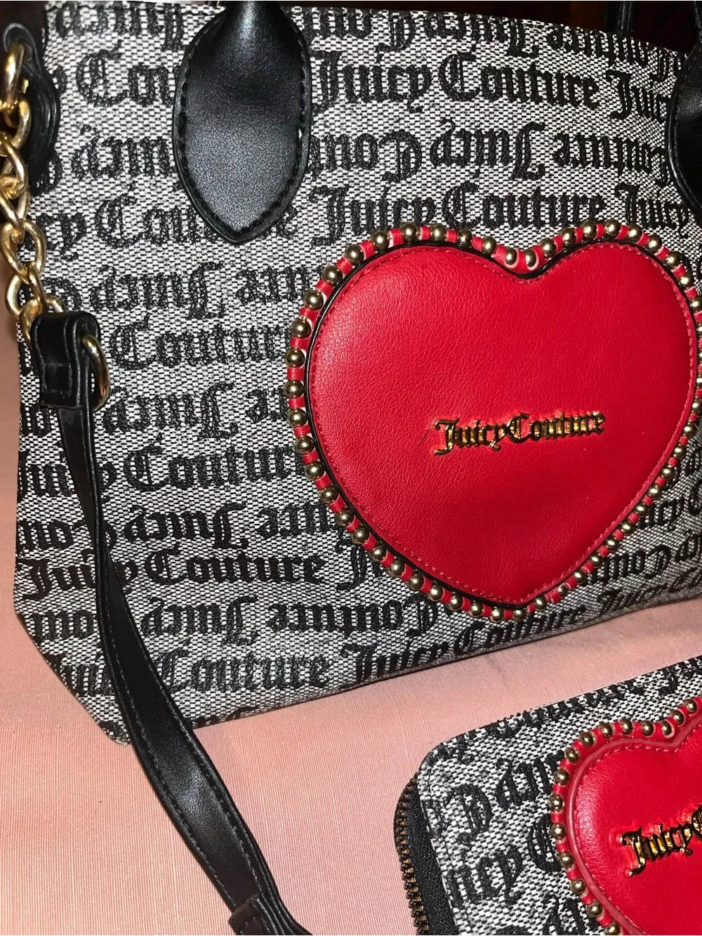 Juicy Couture Black & White Logo Satchel with Red Heart Accent & Wallet